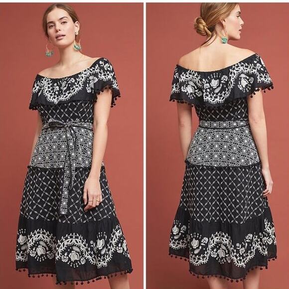 New Anthropologie Marisol Off the Shoulder Embroidered Midi Dress $230 B&W Sz 4 - Picture 2 of 8